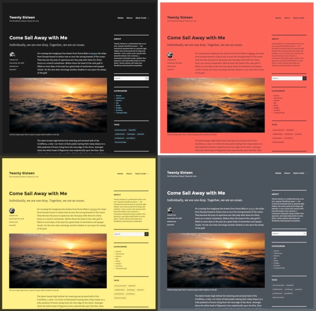An image of the color schemes in Twenty Sixteen: dark (black), red, yellow and grey.