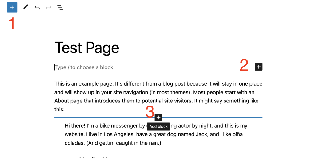 Three ways to add a block using the block inserter icon