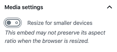 Media settings for the Kickstarter Embed Block set to resizing off.