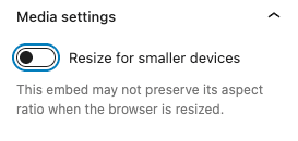 Resize option toggled off in embed block settings