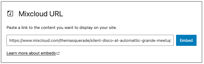 Mixcloud URL field in editor