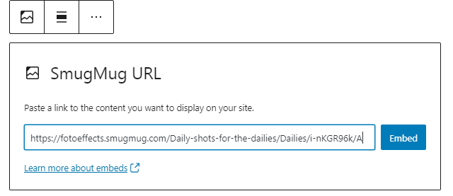 Embed option for the SmugMug block to paste the URL.