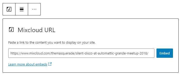Mixcloud embed URL field in WordPress editor