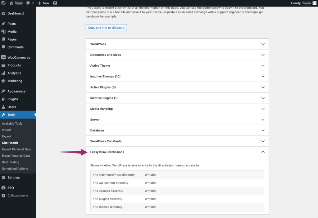 Filesystems Permissions tab in Site Health Info Screen