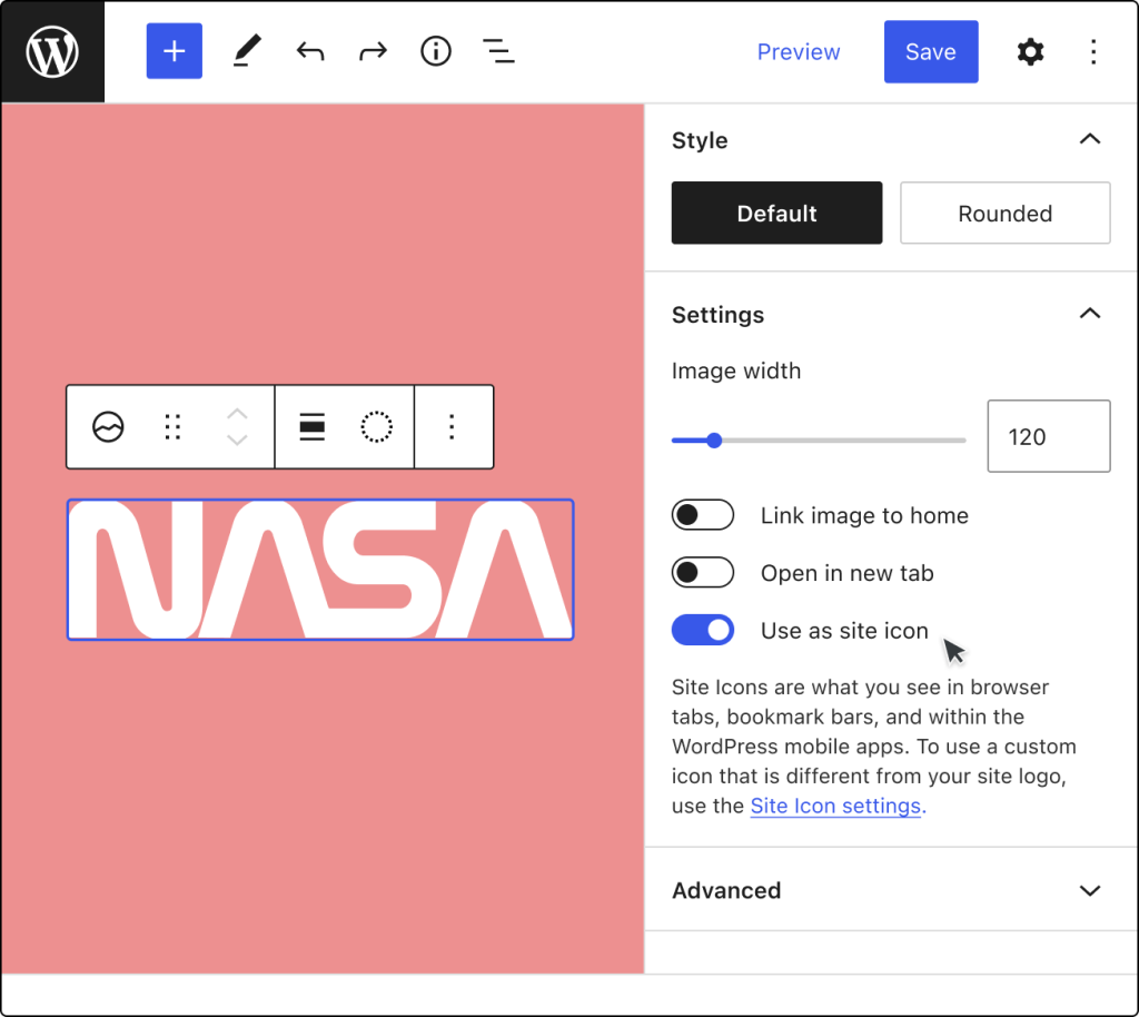 Image showing the options to set a site logo as a site icon in the settings sidebar. 