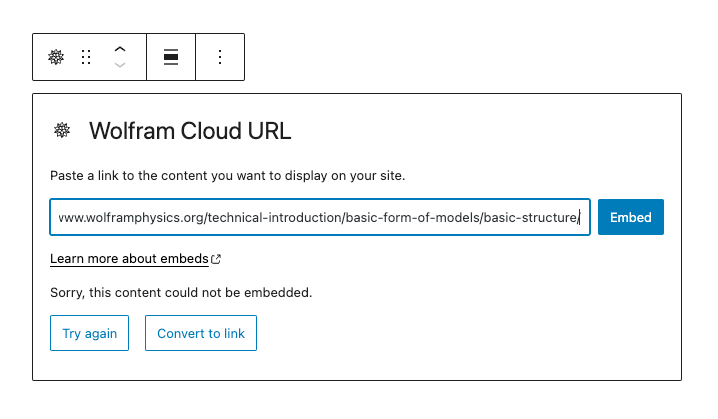 Example of a URL that cannot be embedded. Two options are presented, try again or convert to link.