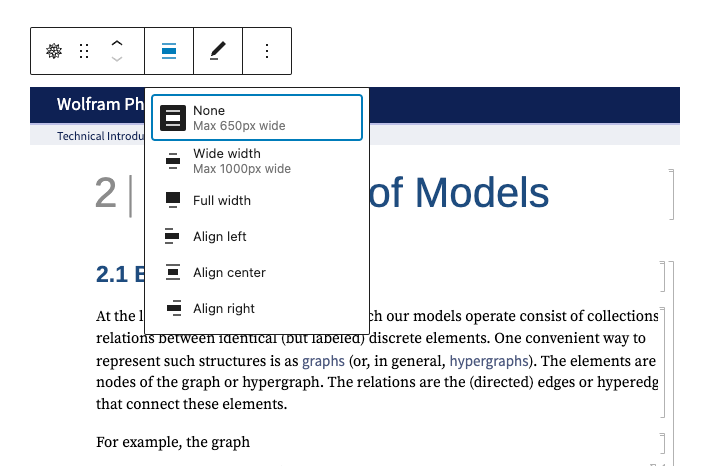 Alignment options for the Wolfram block: wide width, full width, align left, align center, and align right.