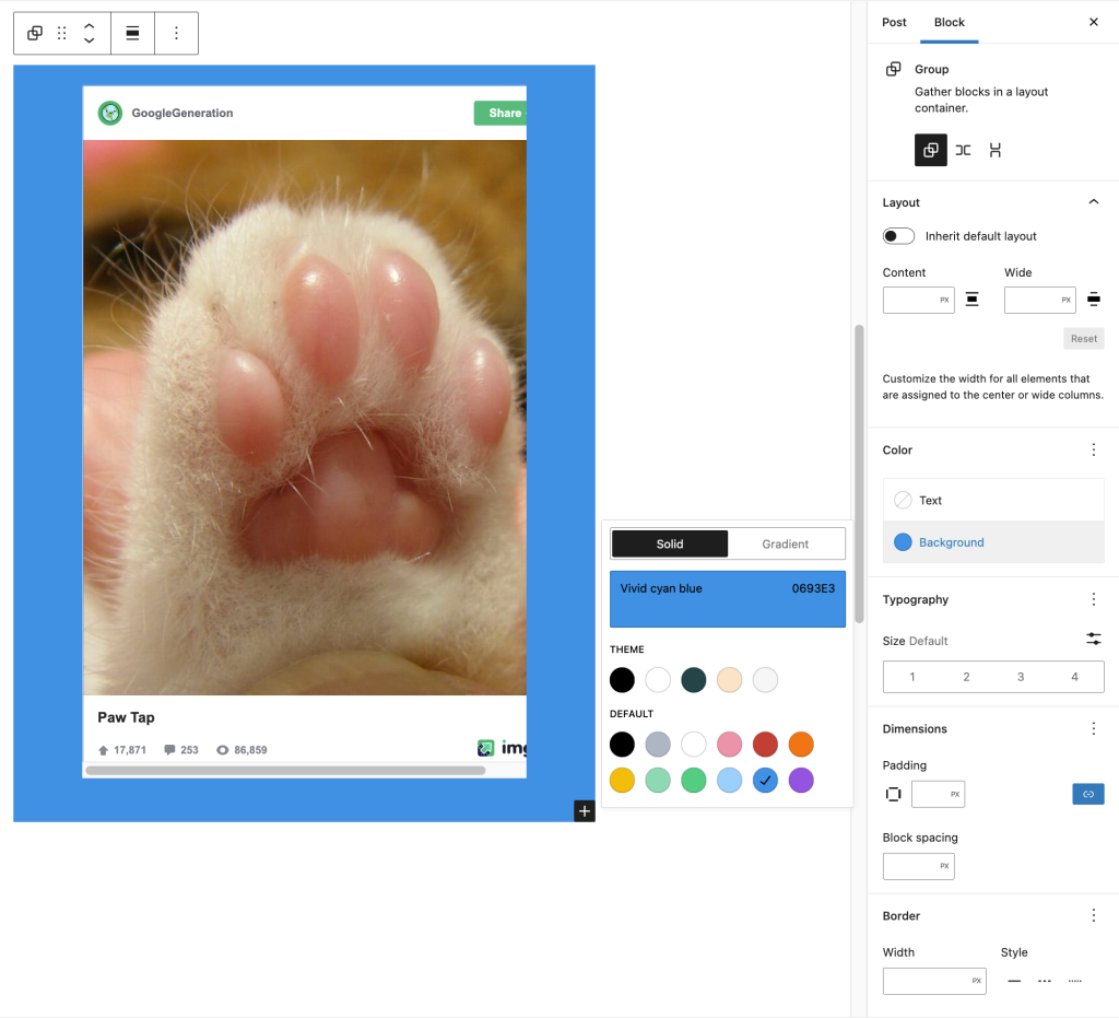 Editor view of an Imgur Embed as a group with Color Settings controls