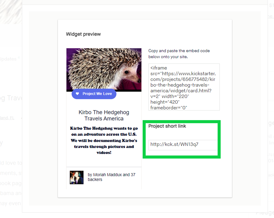 Finding the Project short link for a Kickstarter project.