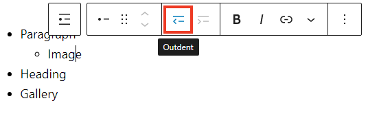 The List Item outdent Toolbar option.