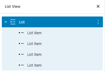 The List View is open and the List Block is selected. Four inner List Item blocks are inside the List Block.