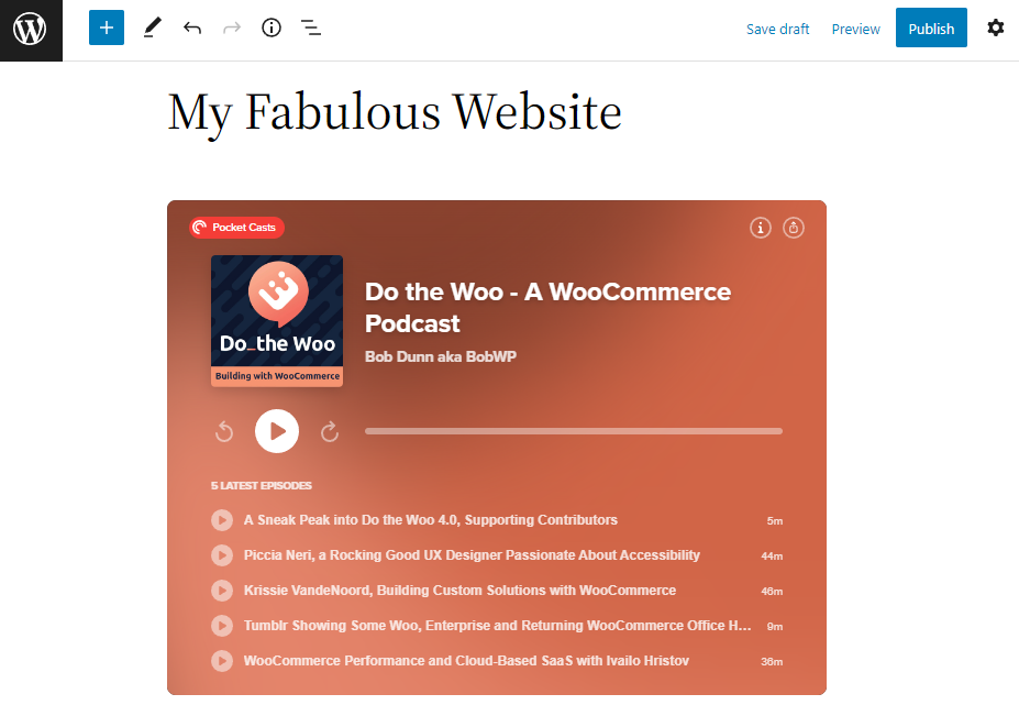 A preview of Pocket Casts embed on the block editor