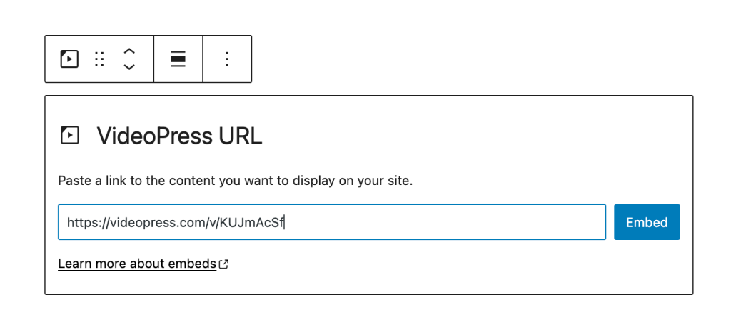 Embed option for the VideoPress block to paste the URL.