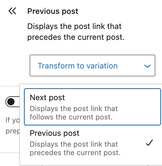 Drop-down menu to transform the post navigation link block variation