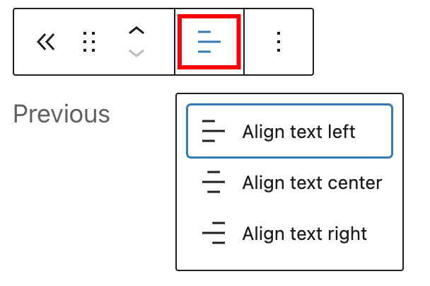 Change alignment tool on the post navigation link block toolbar