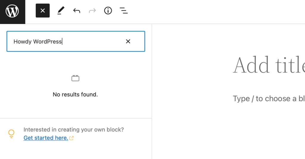 No results in the Block Directory, which displays a notice about creating your own block