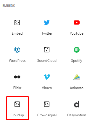 Embeds block options with the Cloudup block highlighted