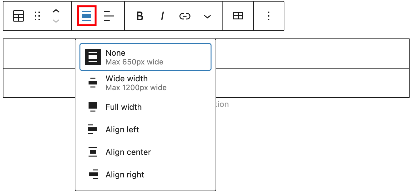 Block alignment tool for the table block