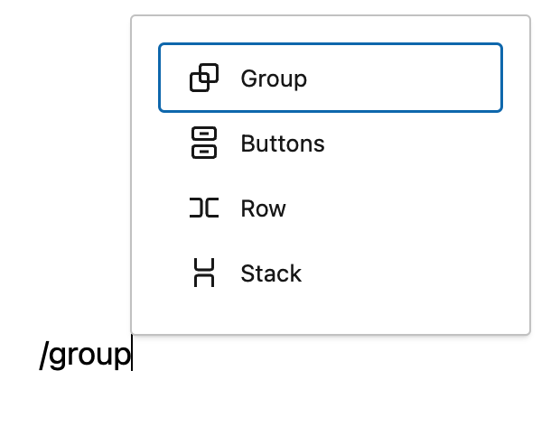 Inserting a new group block using the slash keyboard command (/)