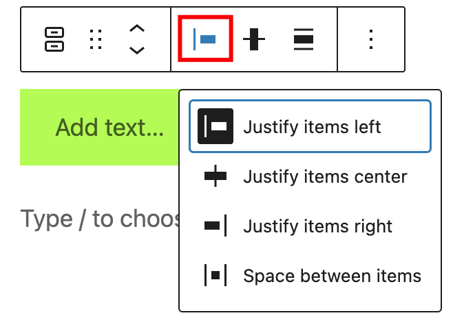 Horizontal justification settings for the buttons block