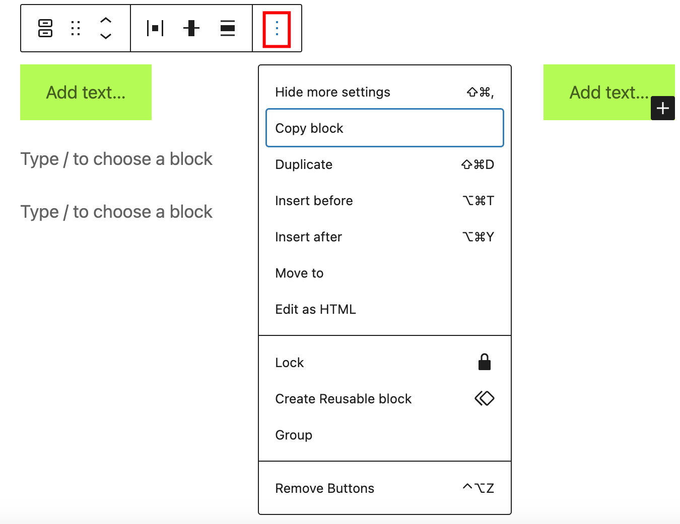 Options menu for the buttons block