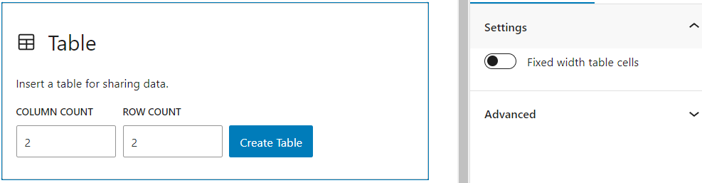 Table block placeholder with the block settings panel opened