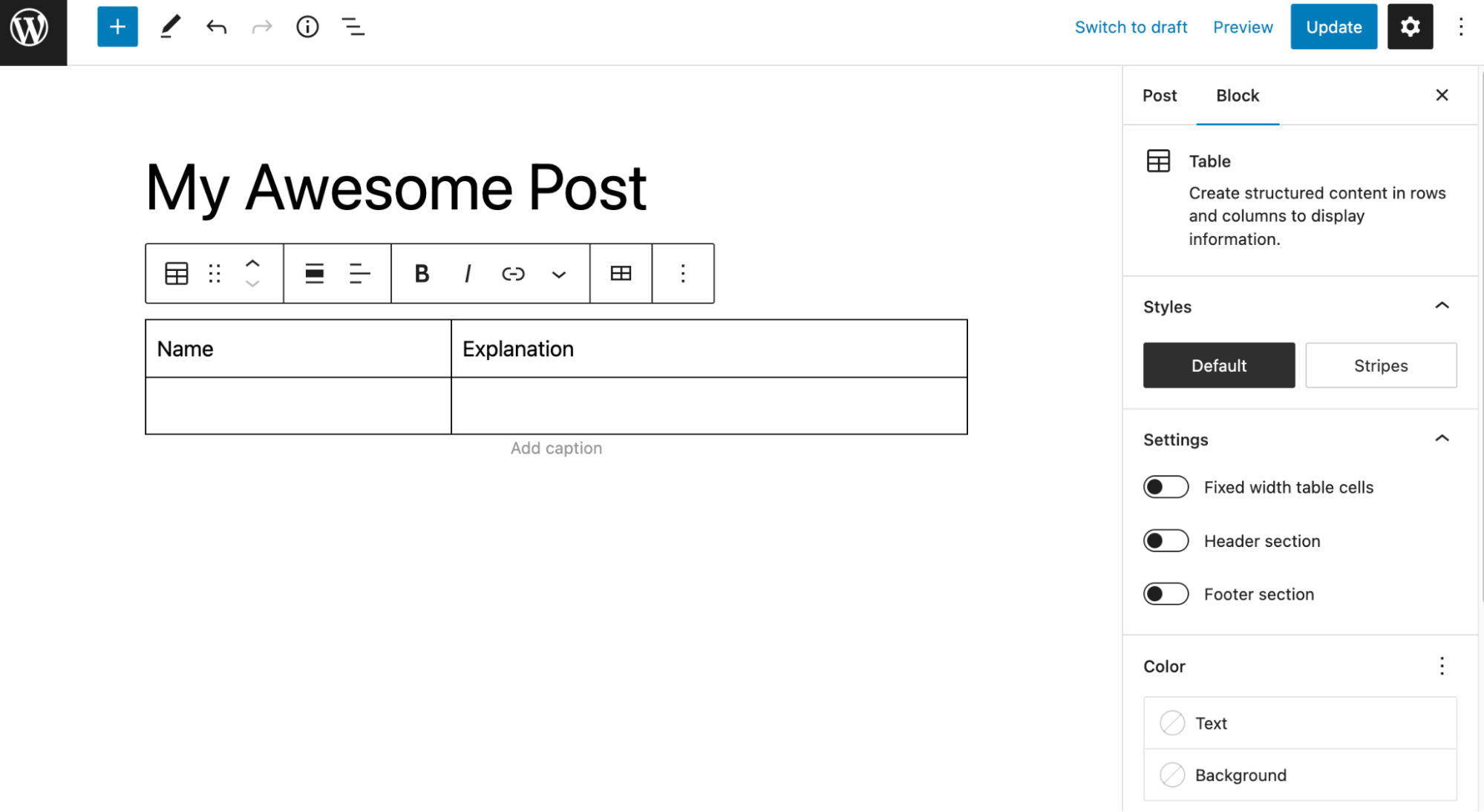 Table block on the editor canvas