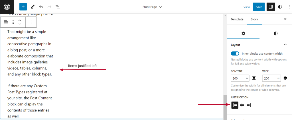 Setting Justification for Post Content block