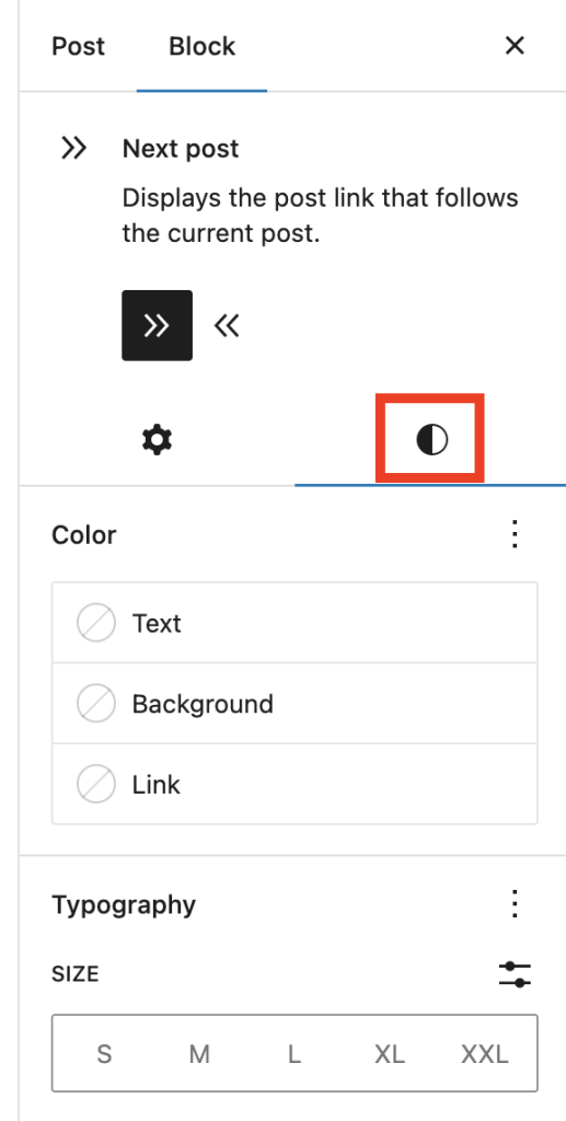 Styles tab in the Next Post block