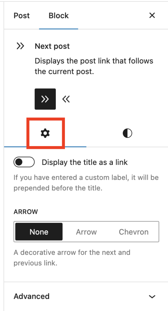 Block settings in the Next Post block