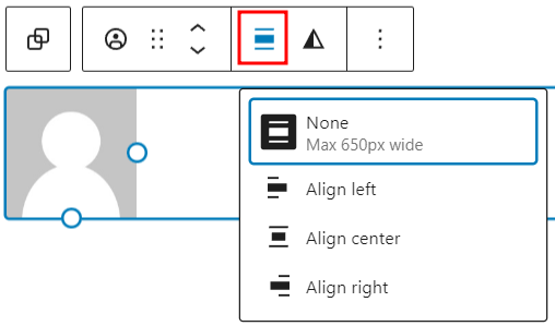 The align options for the avatar block toolbar