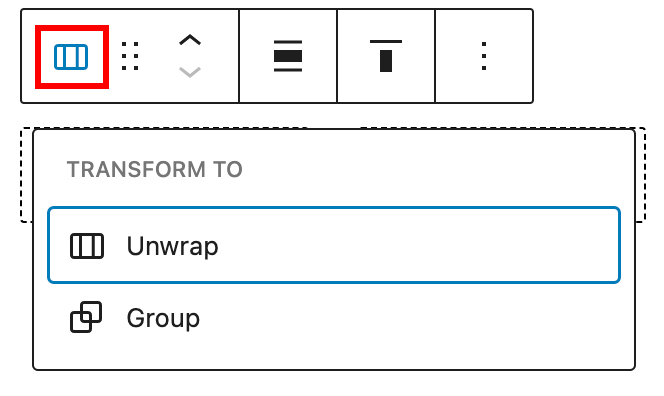 The transform options on the columns block toolbar