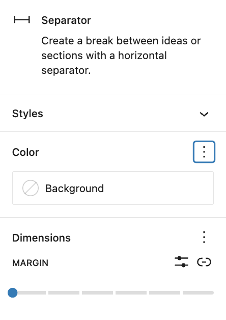 Screenshot of the Dimensions settings on the Separator block sidebar