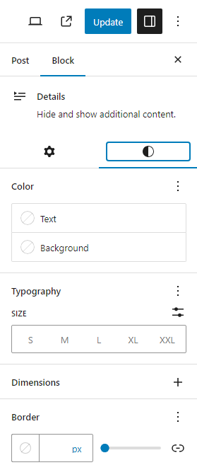 The styles tab in the Details block settings sidebar.