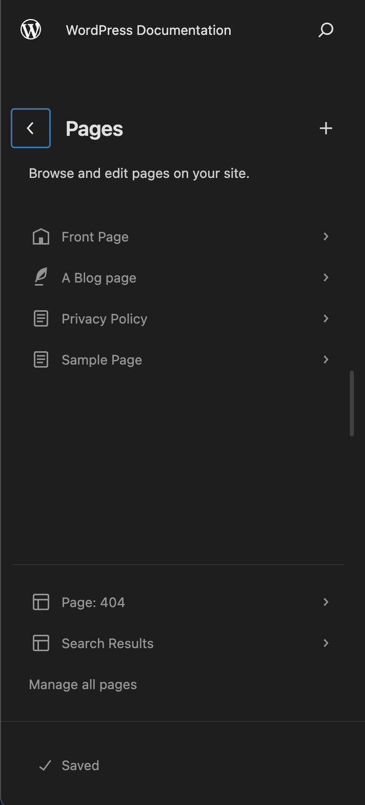 The page sidebar with a menu with all pages that are published or drafts.