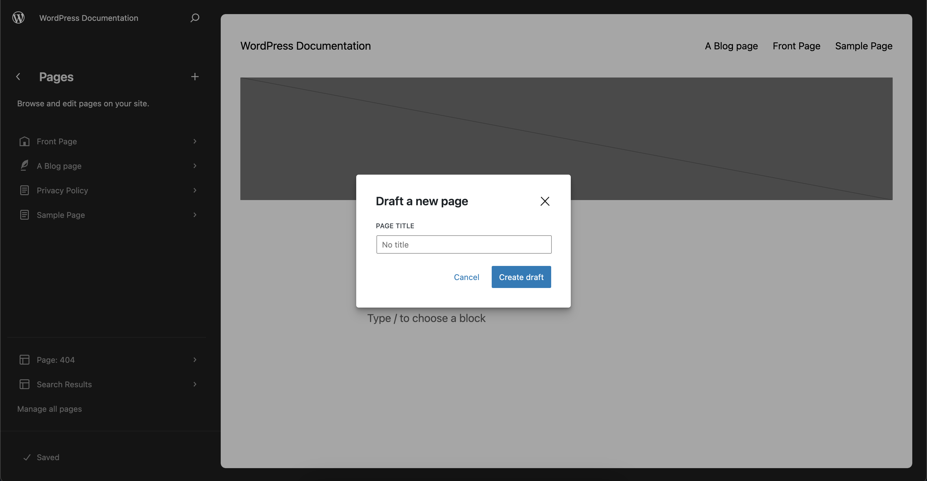 The modal has an input field for adding a page title, a close button, a cancel button and a button that submits the form, with the text "Create draft".