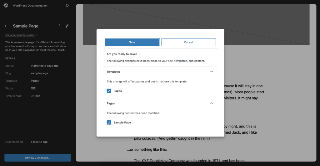 The save modal lists unsaved changes together with a checkbox. The checkbox is checked by default.
At the top of the modal is a save button and a cancel button.