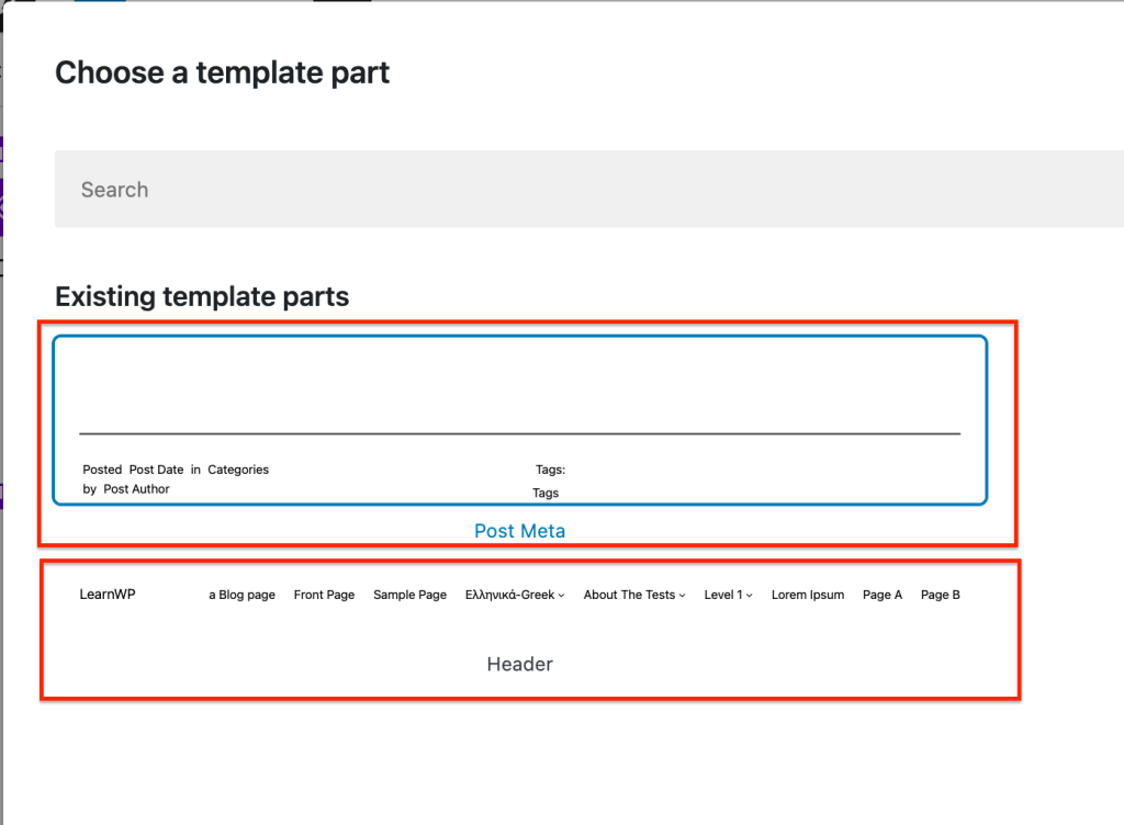 Using the "choose button", existing template parts can be selected. 