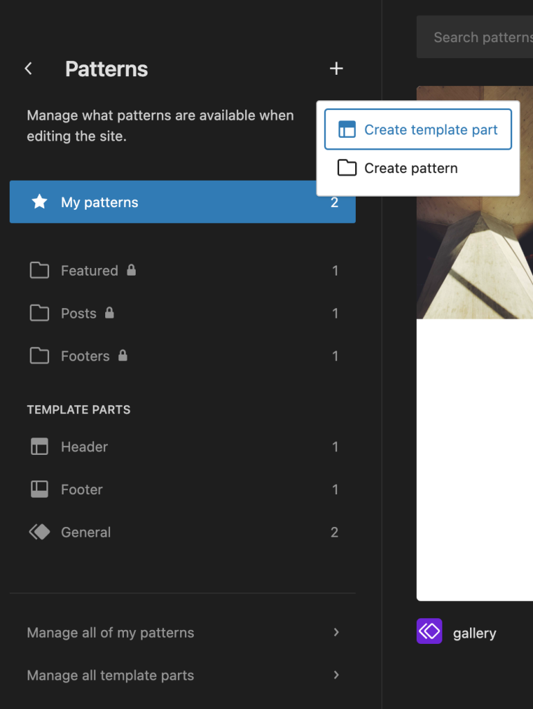 Template part list area also provides an option to create template part. 