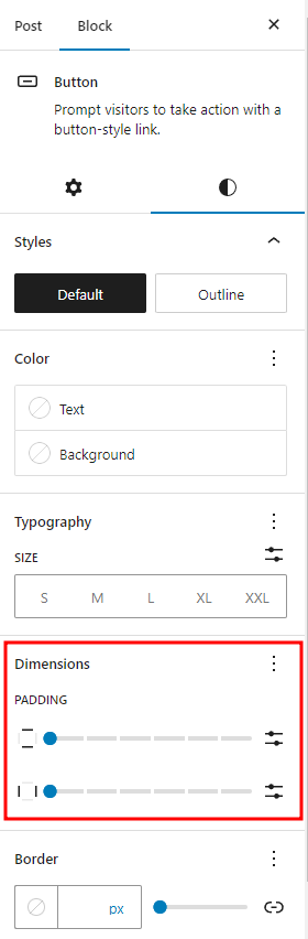 Button Block sidebar & settings, with the dimensions section highlighted. 