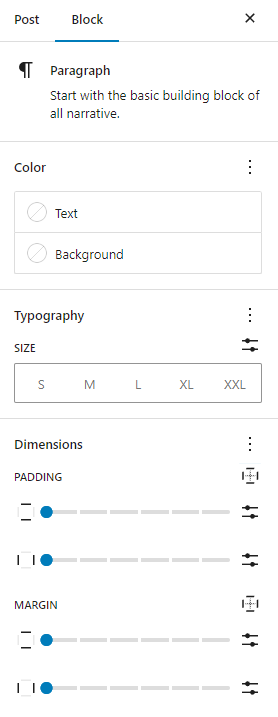 Paragraph Block sidebar & settings, with the dimensions section highlighted. 