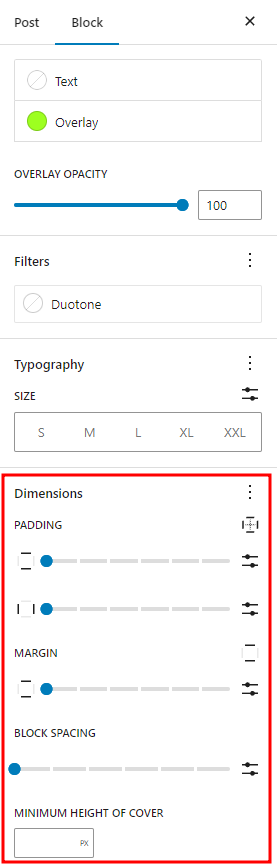 Cover Block sidebar & settings, with the dimensions section highlighted. 