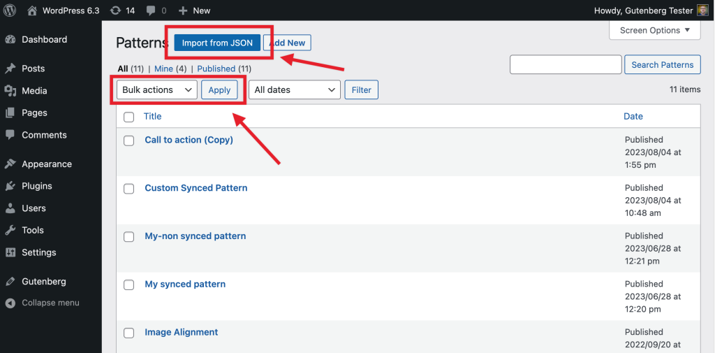 Patterns listed in the wp-admin interface. The "Import from JSON" and "Bulk actions" options are highlighted.