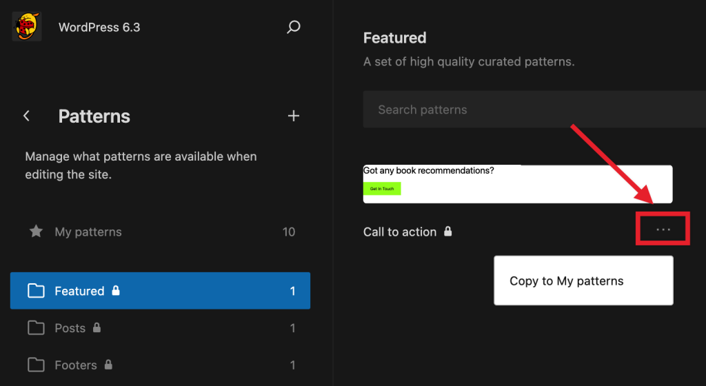 Contextual menu inside "Patterns" to create a copy of that pattern.