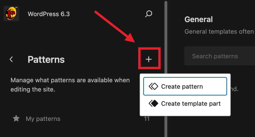 Plus sign icon to create new patterns.