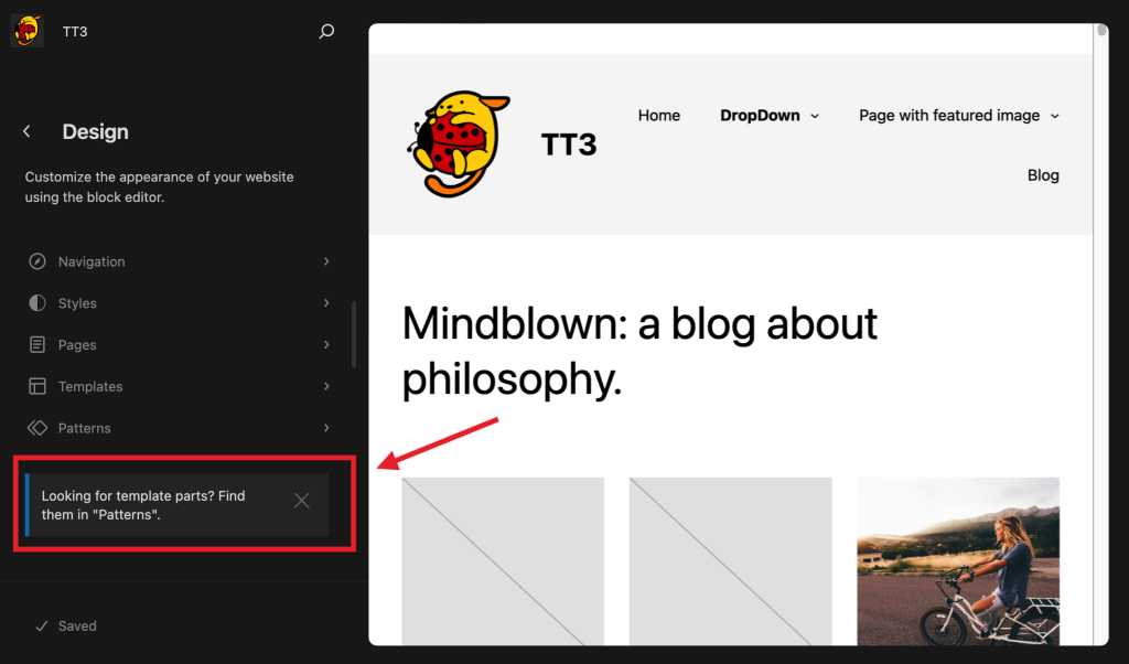 Notice letting users know that Template Parts can now be found under the "Patterns" section. The message reads:

"Looking for template parts? Find them under "Patterns".