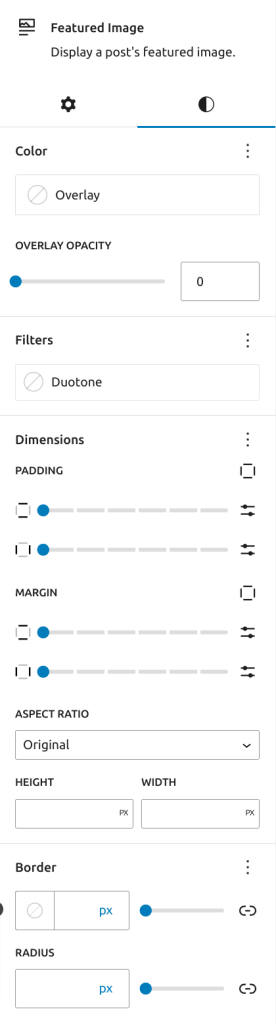 Block Style Settings in the Post Featured Image block