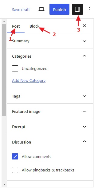 Block and Post/Page settings in the sidebar