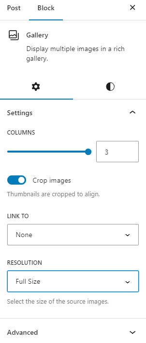 Gallery block settings panel