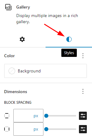 The styles tab on the gallery block's settings panel